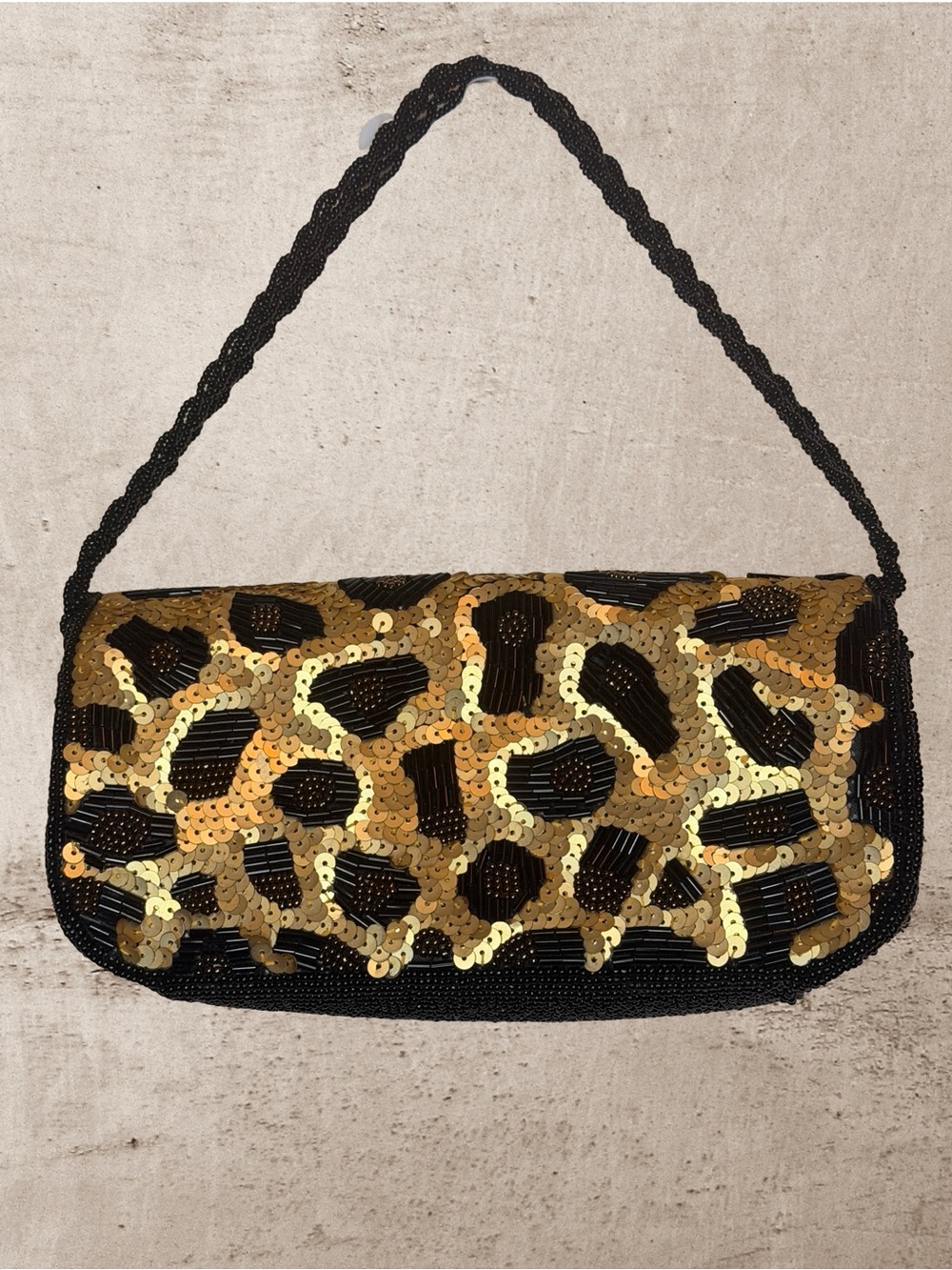 Inge Christopher Sequin Beaded Leopard Print Clutch Shoulder Bag Black Gold - Picture 5 of 13